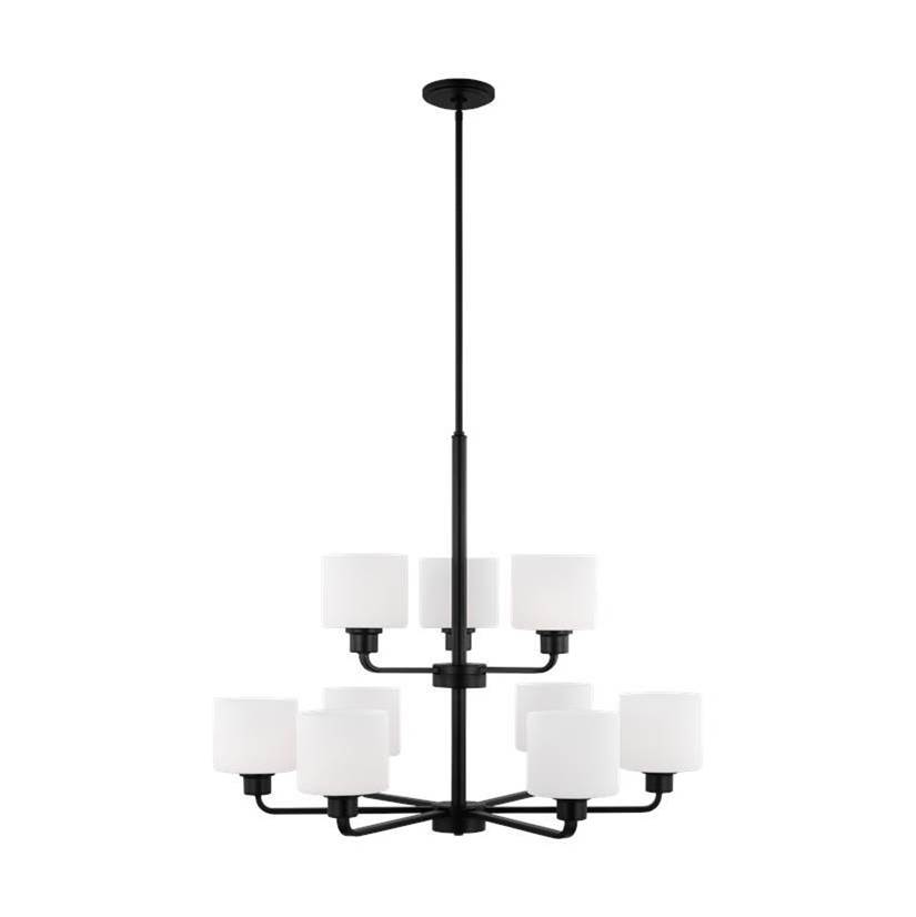 Generation Lighting Canfield Indoor Dimmable Led 9-Light Chandelier In Midnight Black Finish And Etched White Glass Shade