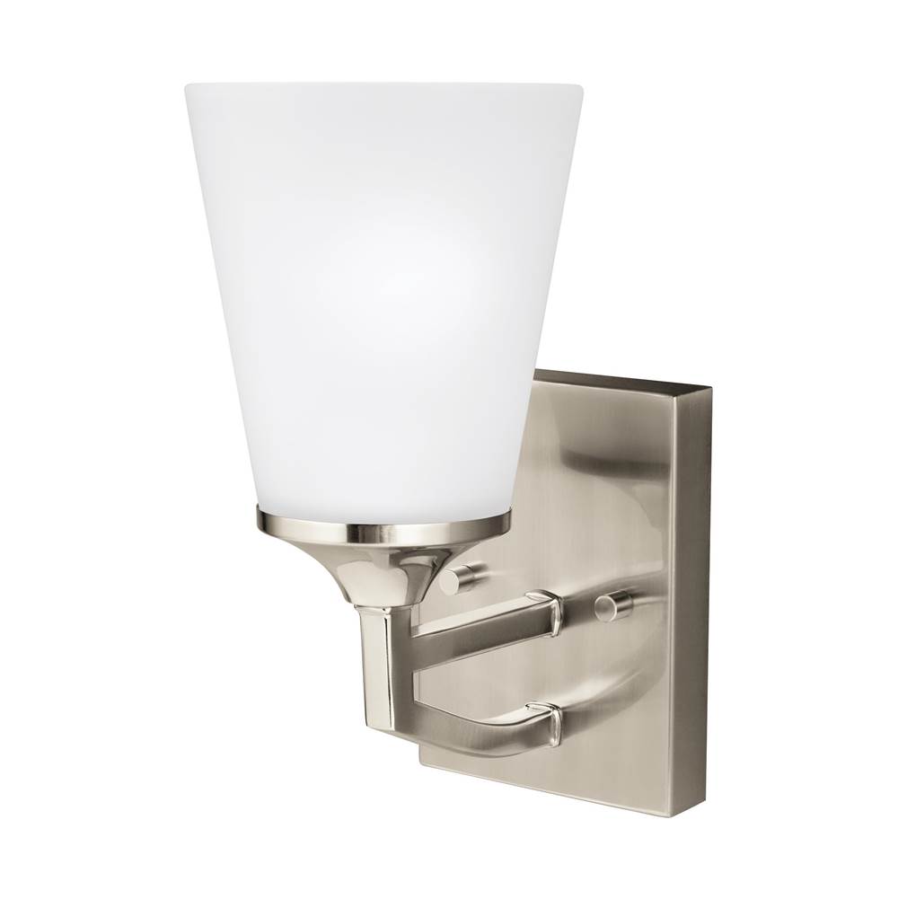 Generation Lighting Hanford Traditional 1-Light Indoor Dimmable Bath Vanity Wall Sconce In Brushed Nickel Silver Finish With Satin Etched Glass Shade