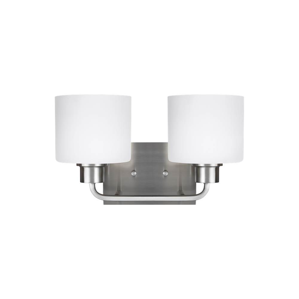 Generation Lighting Canfield Modern 2-Light Indoor Dimmable Bath Vanity Wall Sconce In Brushed Nickel Silver Finish With Etched White Inside Glass Shades