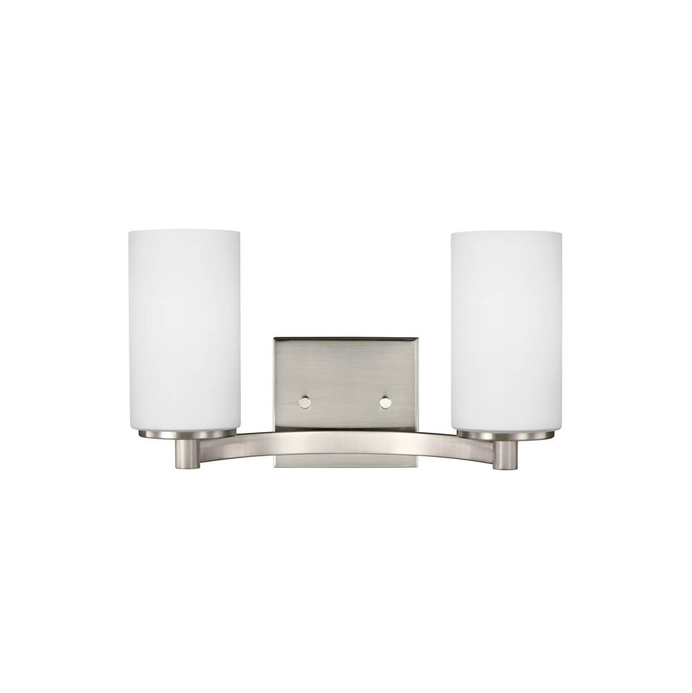 Generation Lighting Hettinger Transitional 2-Light Indoor Dimmable Bath Vanity Wall Sconce In Brushed Nickel Silver Finish With Etched White Inside Glass Shades