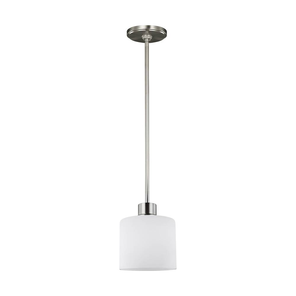 Generation Lighting Canfield Modern 1-Light Led Indoor Dimmable Ceiling Hanging Single Pendant Light In Brushed Nickel Silver Finish W/Etched White Inside Glass Shade