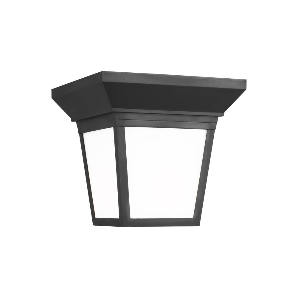 Generation Lighting Lavon Modern 1-Light Outdoor Exterior Ceiling Ceiling Flush Mount In Black Finish With Smooth White Glass Panels