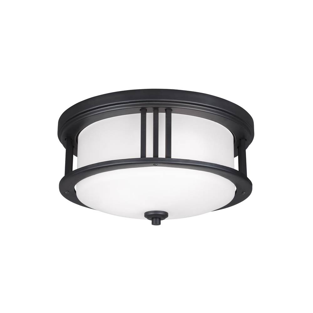 Generation Lighting Crowell Contemporary 2-Light Outdoor Exterior Ceiling Flush Mount In Black Finish With Satin Etched Glass Shade