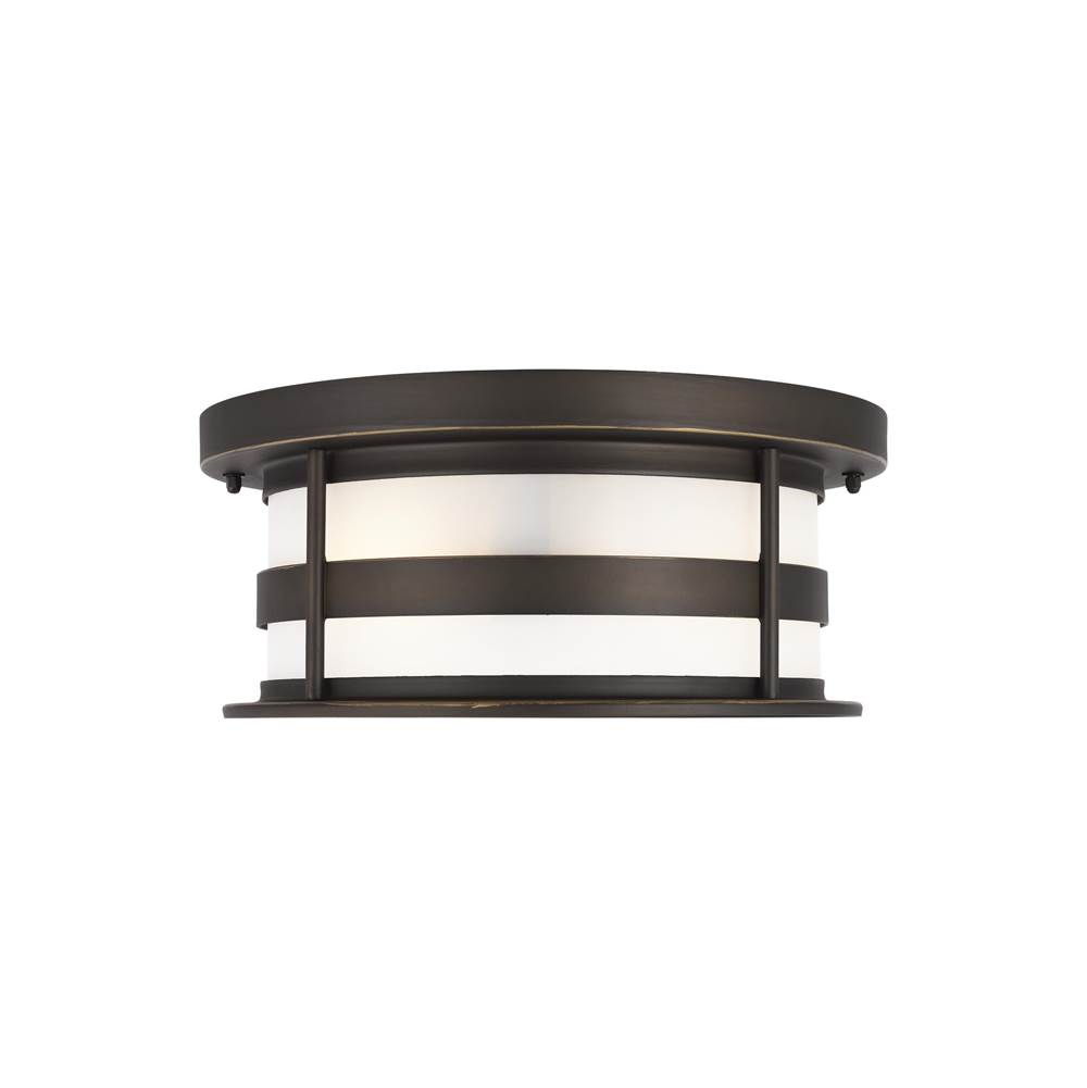 Generation Lighting Wilburn Modern 2-Light Outdoor Exterior Ceiling Flush Mount In Antique Bronze Finish With Satin Etched Glass Shade