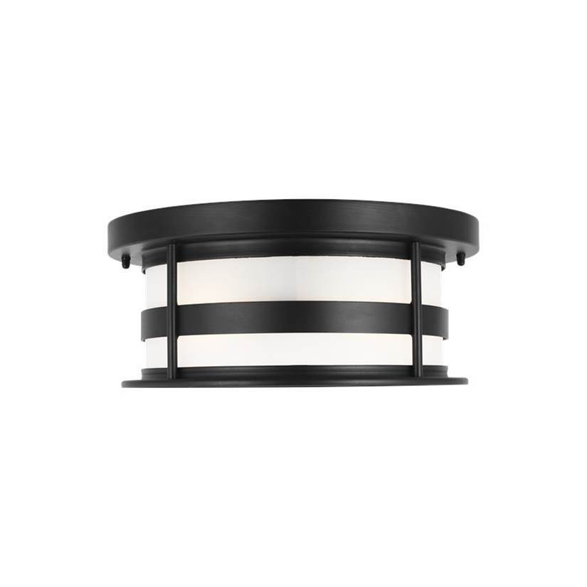 Generation Lighting Wilburn Modern 2-Light Led Outdoor Exterior Ceiling Flush Mount In Black Finish With Satin Etched Glass Shade