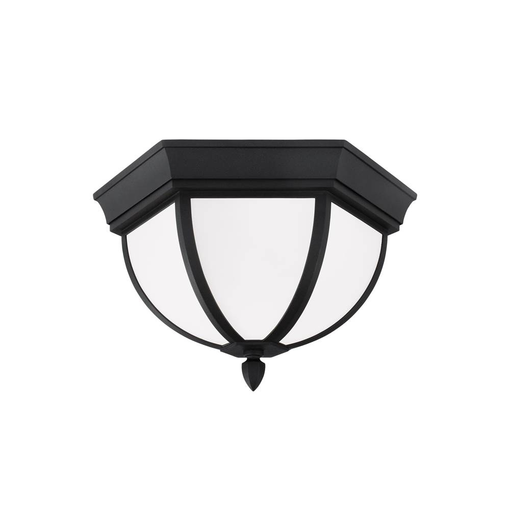 Generation Lighting Wynfield Traditional 2-Light Outdoor Exterior Ceiling Ceiling Flush Mount In Black Finish With Etched White Inside Glass Panels