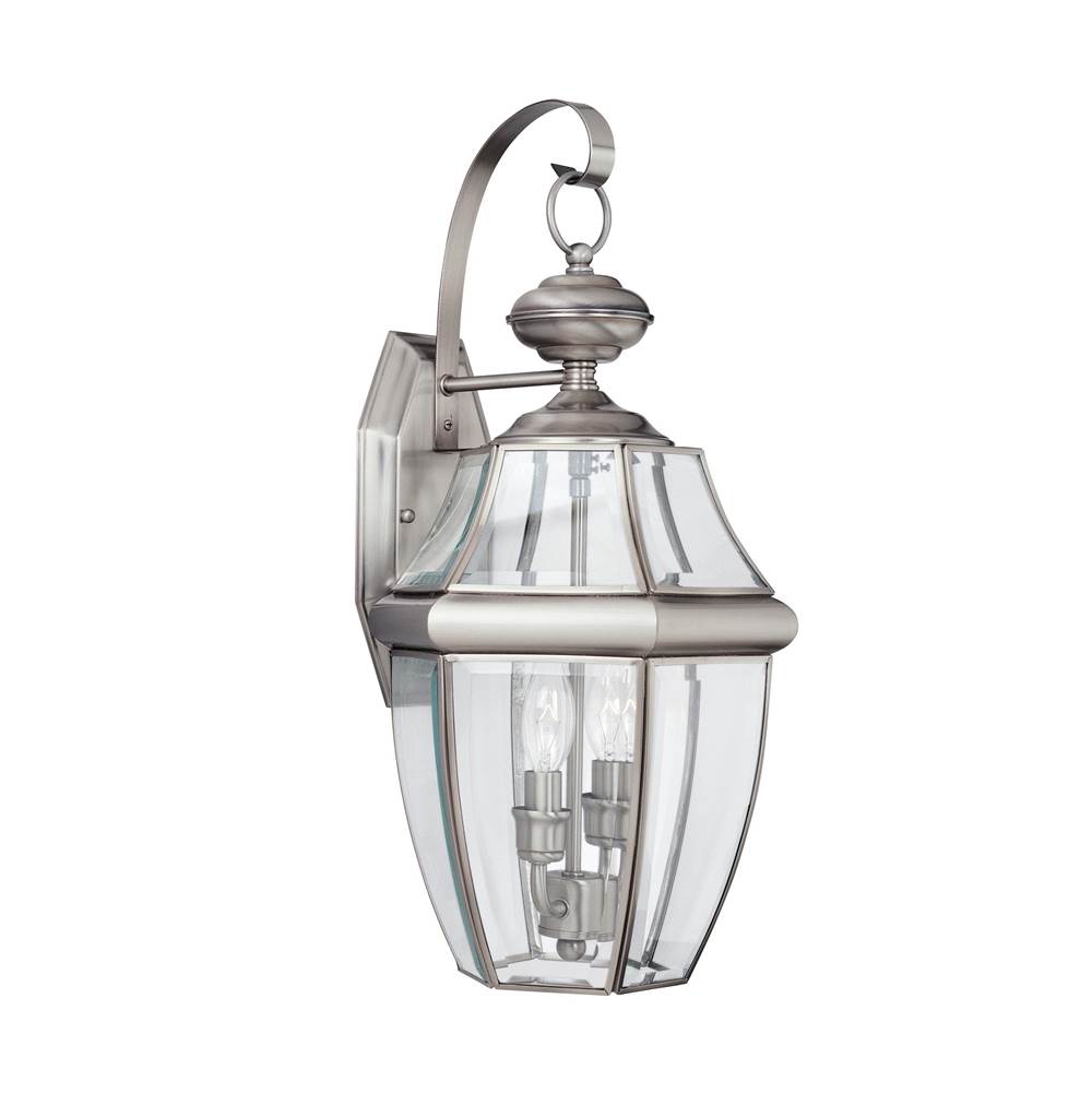 Generation Lighting Lancaster Traditional 2-Light Outdoor Exterior Wall Lantern Sconce In Antique Brushed Nickel Silver Finish With Clear Curved Beveled Glass Shade