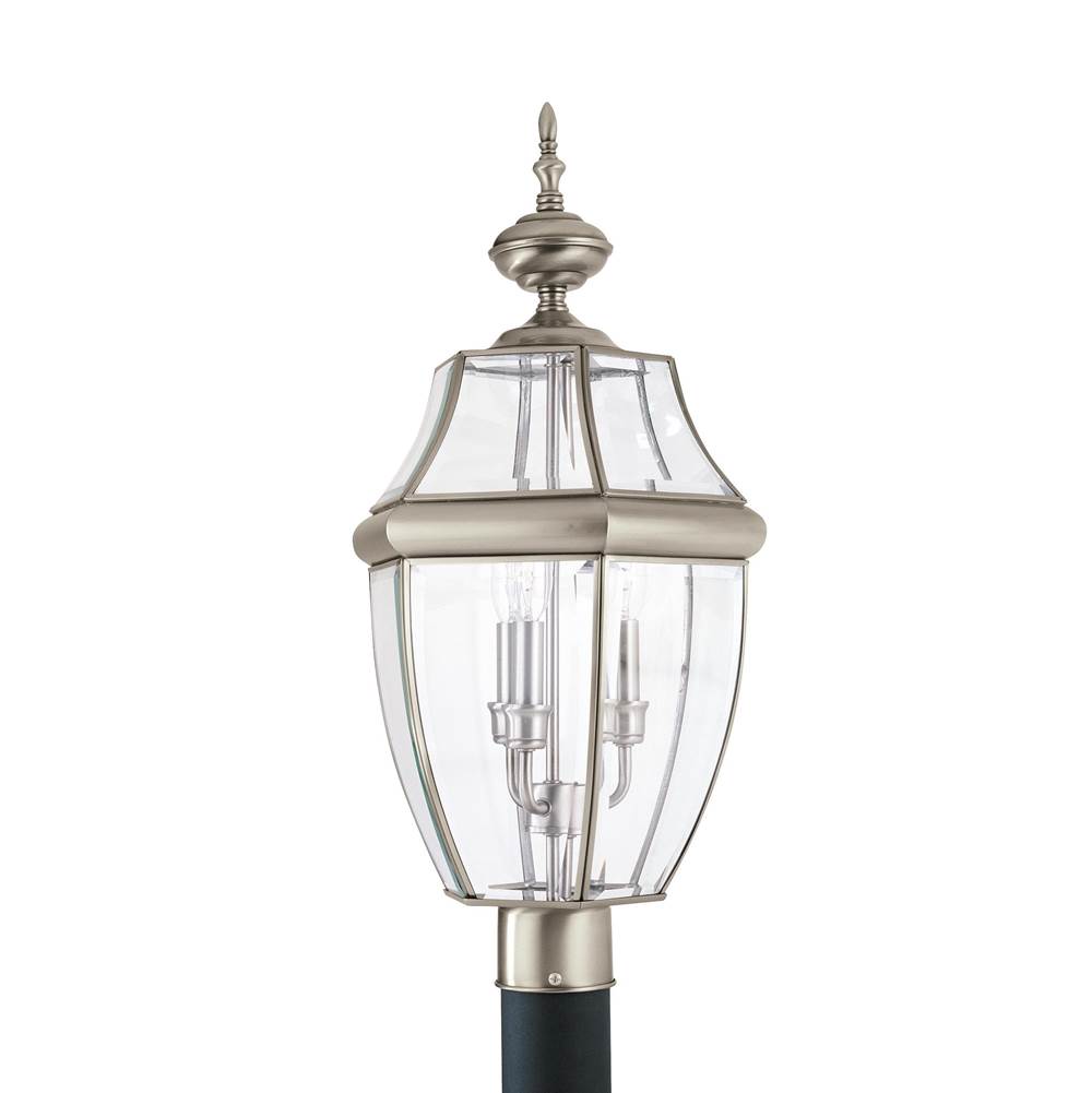 Generation Lighting Lancaster Traditional 3-Light Led Outdoor Exterior Post Lantern In Antique Brushed Nickel Silver Finish With Clear Curved Beveled Glass Shade