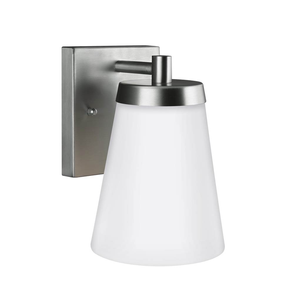 Generation Lighting Renville Transitional 1-Light Outdoor Exterior Small Wall Lantern Sconce In Satin Aluminum Silver Finish With Satin Etched Glass Shade