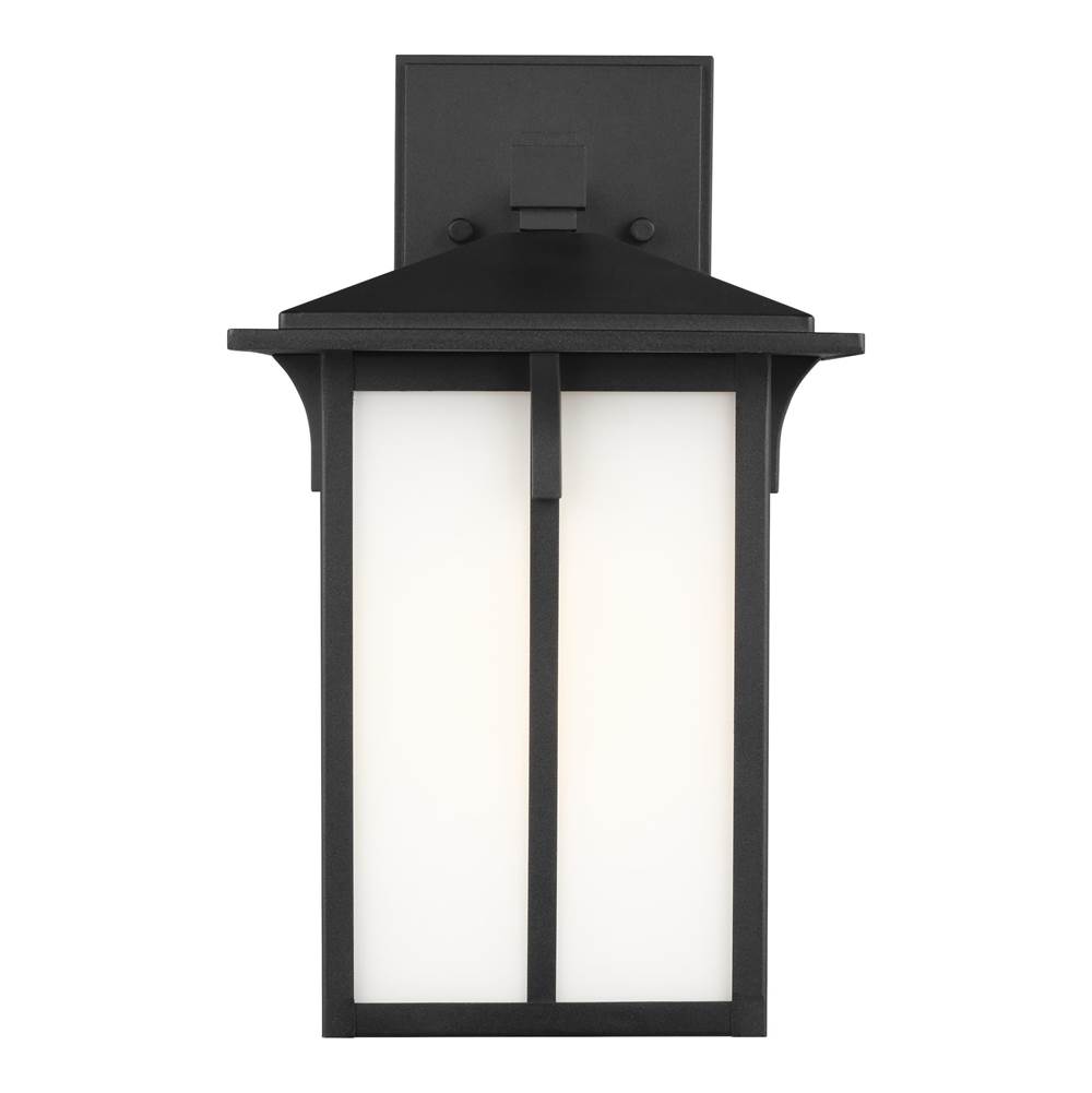 Generation Lighting Tomek Modern 1-Light Led Outdoor Exterior Medium Wall Lantern Sconce In Black Finish With Etched White Glass Panels