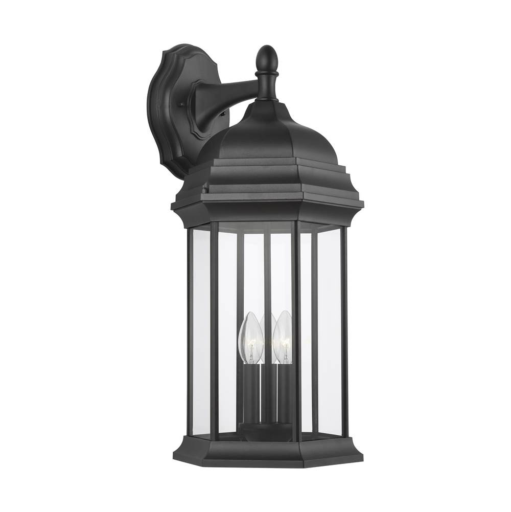 Generation Lighting Sevier Traditional 3-Light Outdoor Exterior Extra Large Downlight Outdoor Wall Lantern Sconce In Black Finish With Clear Glass Panels