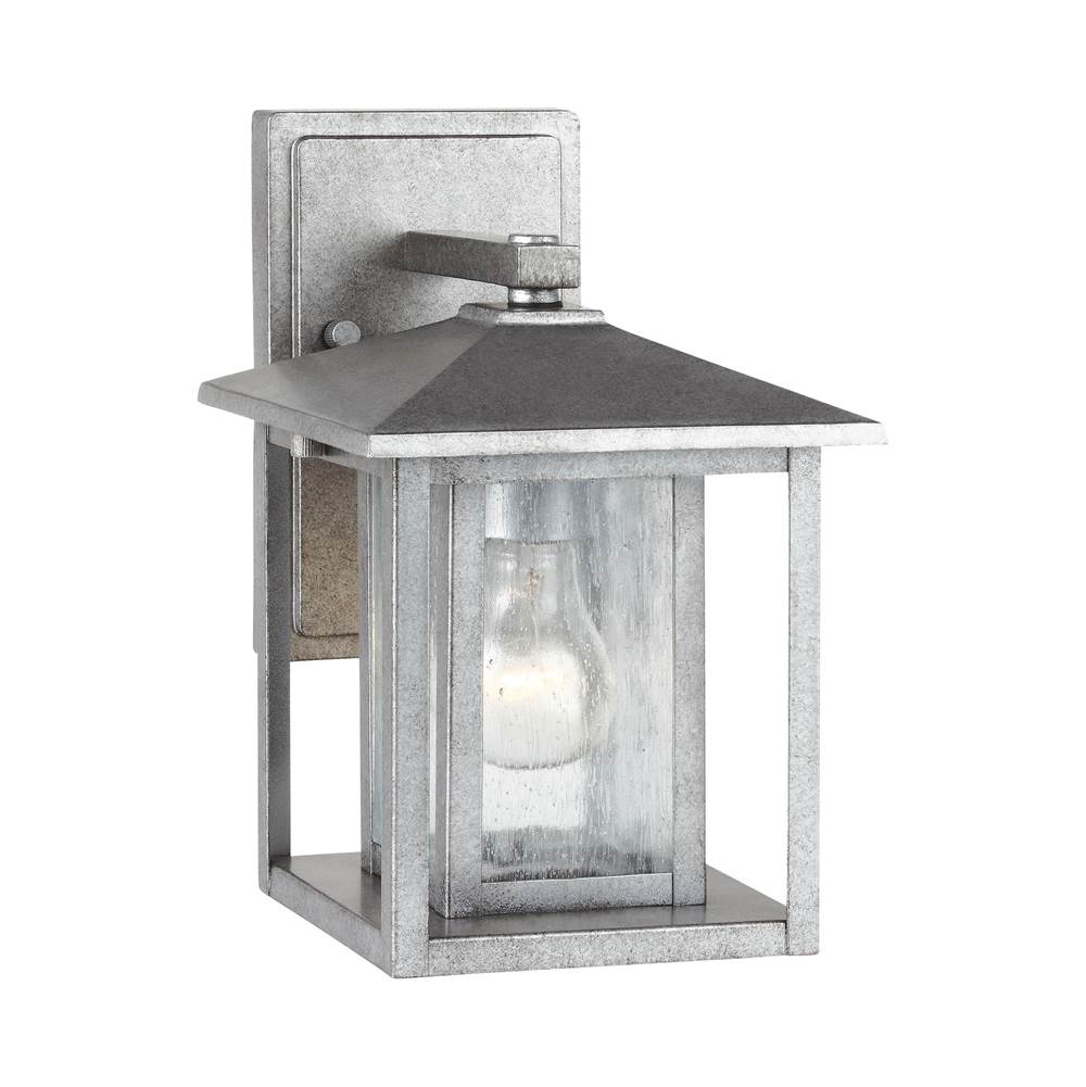 Generation Lighting Hunnington Contemporary 1-Light Outdoor Exterior Small Wall Lantern In Weathered Pewter Grey Finish With Clear Seeded Glass Panels