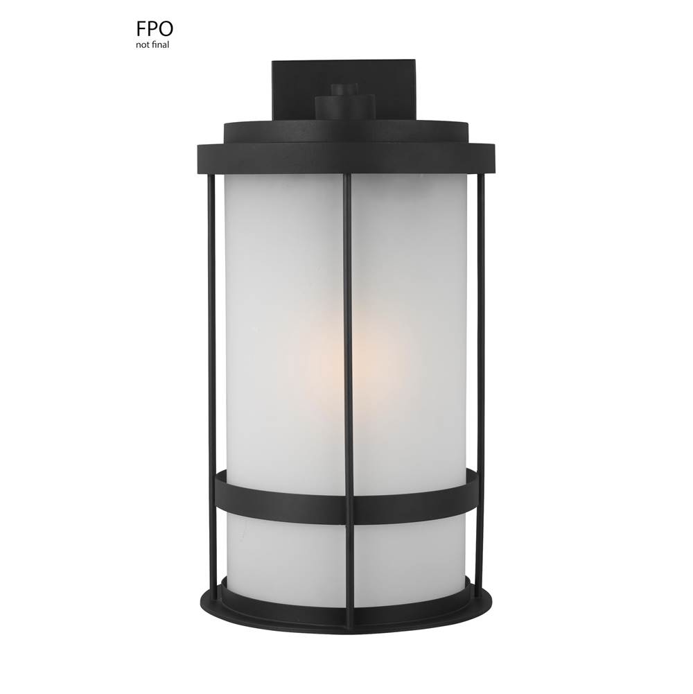 Generation Lighting Wilburn Modern 1-Light Outdoor Exterior Extra Large Wall Lantern Sconce In Black Finish With Satin Etched Glass Shade