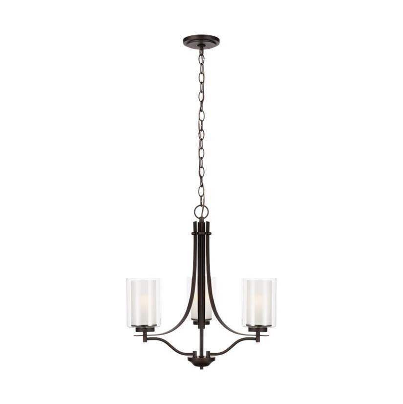 Generation Lighting Elmwood Park Traditional 3-Light Led Indoor Dimmable Ceiling Chandelier Pendant Light In Bronze W/Satin Etched Glass Shades And Clear Glass Shades