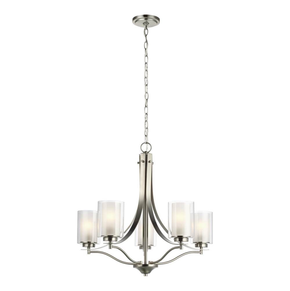 Generation Lighting Elmwood Park Traditional 5-Light Led Ceiling Chandelier Pendant Light In Brushed Nickel Silver W/Satin Etched Glass Shades And Clear Glass Shades