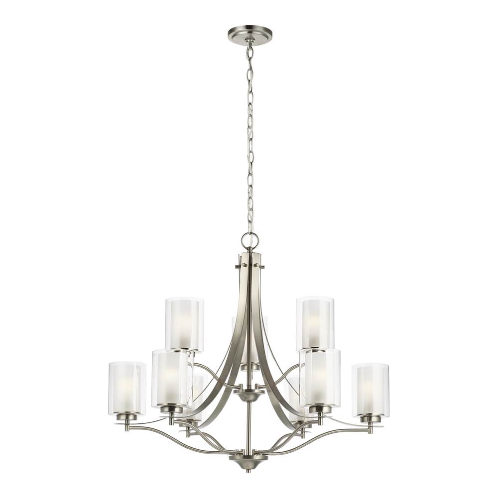 Generation Lighting Elmwood Park Traditional 9-Light Indoor Ceiling Chandelier Pendant Light In Brushed Nickel Silver W/Satin Etched Glass Shades And Clear Glass Shades
