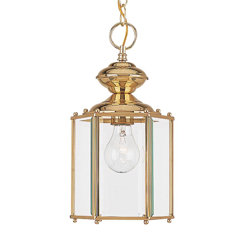 Generation Lighting Classico Traditional 1-Light Outdoor Exterior Semi-Flush Convertible Ceiling Pendant In Polished Brass Gold Finish W/Clear Beveled Glass Panels