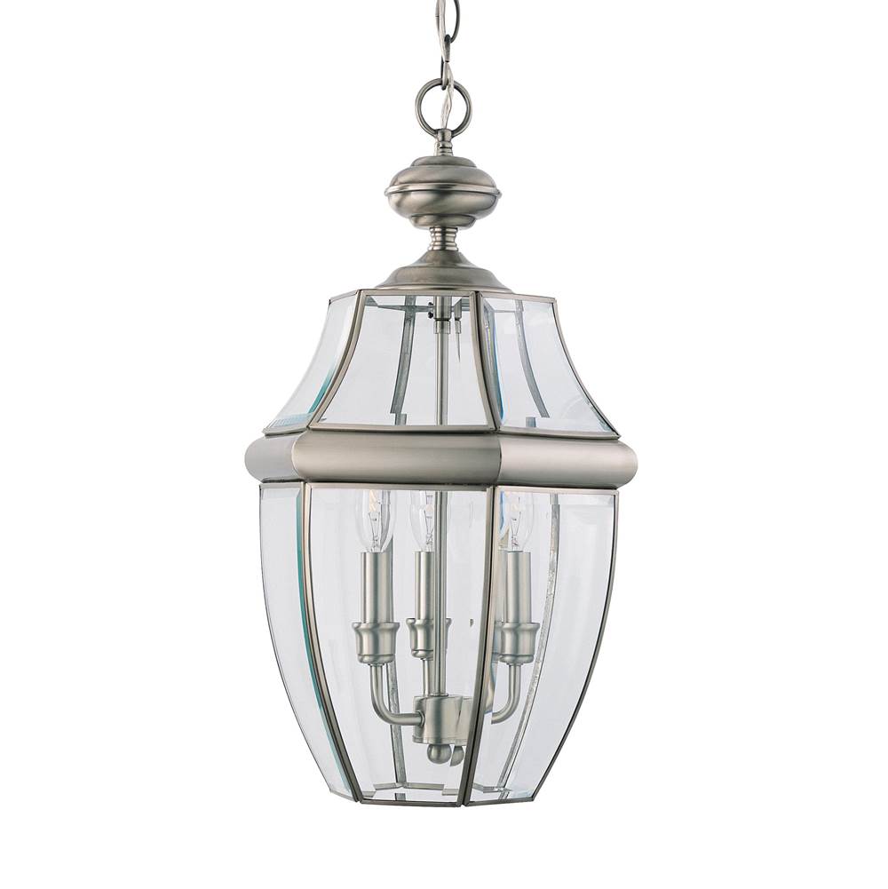 Generation Lighting Lancaster Traditional 3-Light Outdoor Exterior Pendant In Antique Brushed Nickel Silver Finish With Clear Curved Beveled Glass Shade