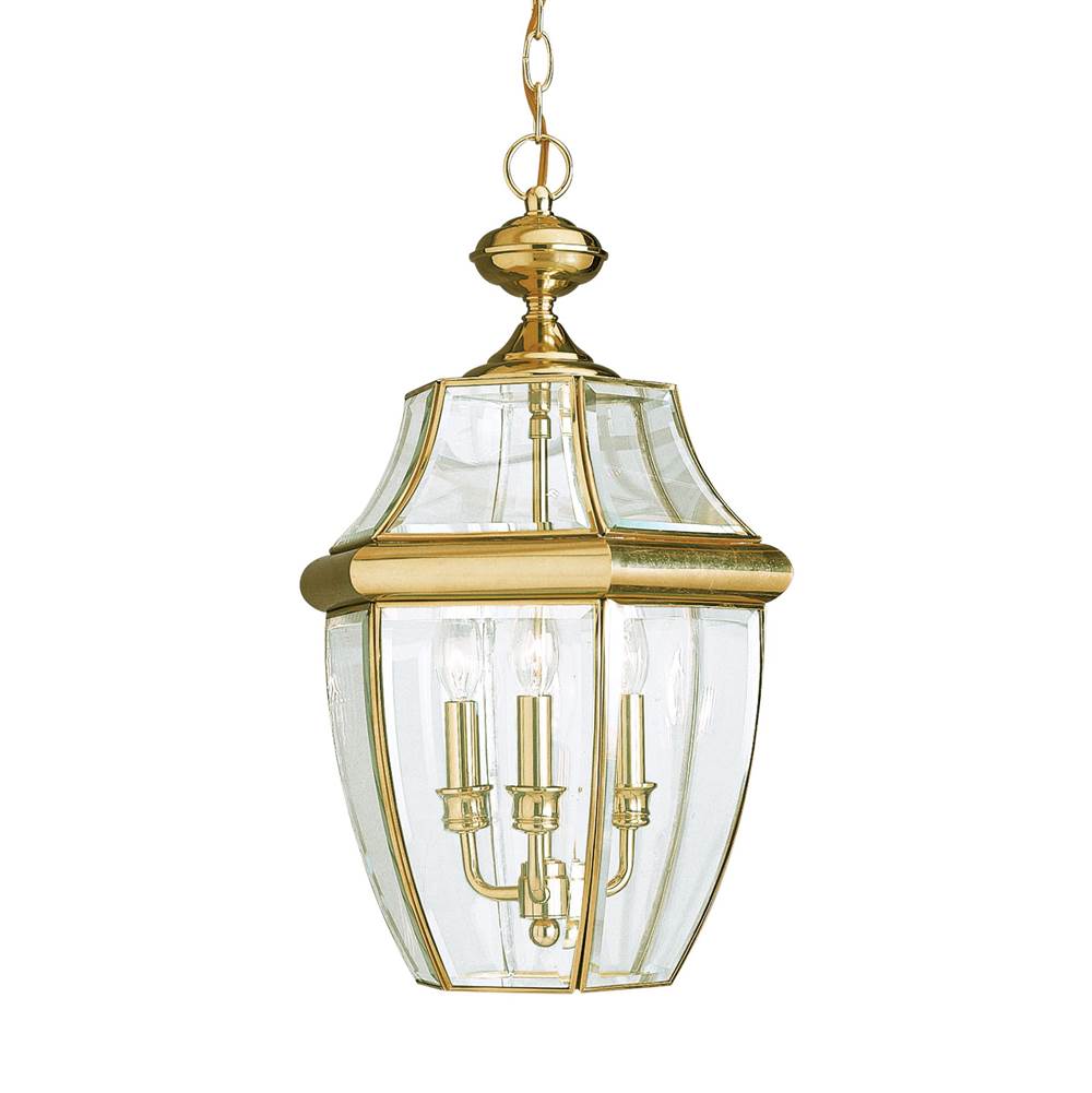 Generation Lighting Lancaster Traditional 3-Light Led Outdoor Exterior Pendant In Polished Brass Gold Finish With Clear Curved Beveled Glass Shade