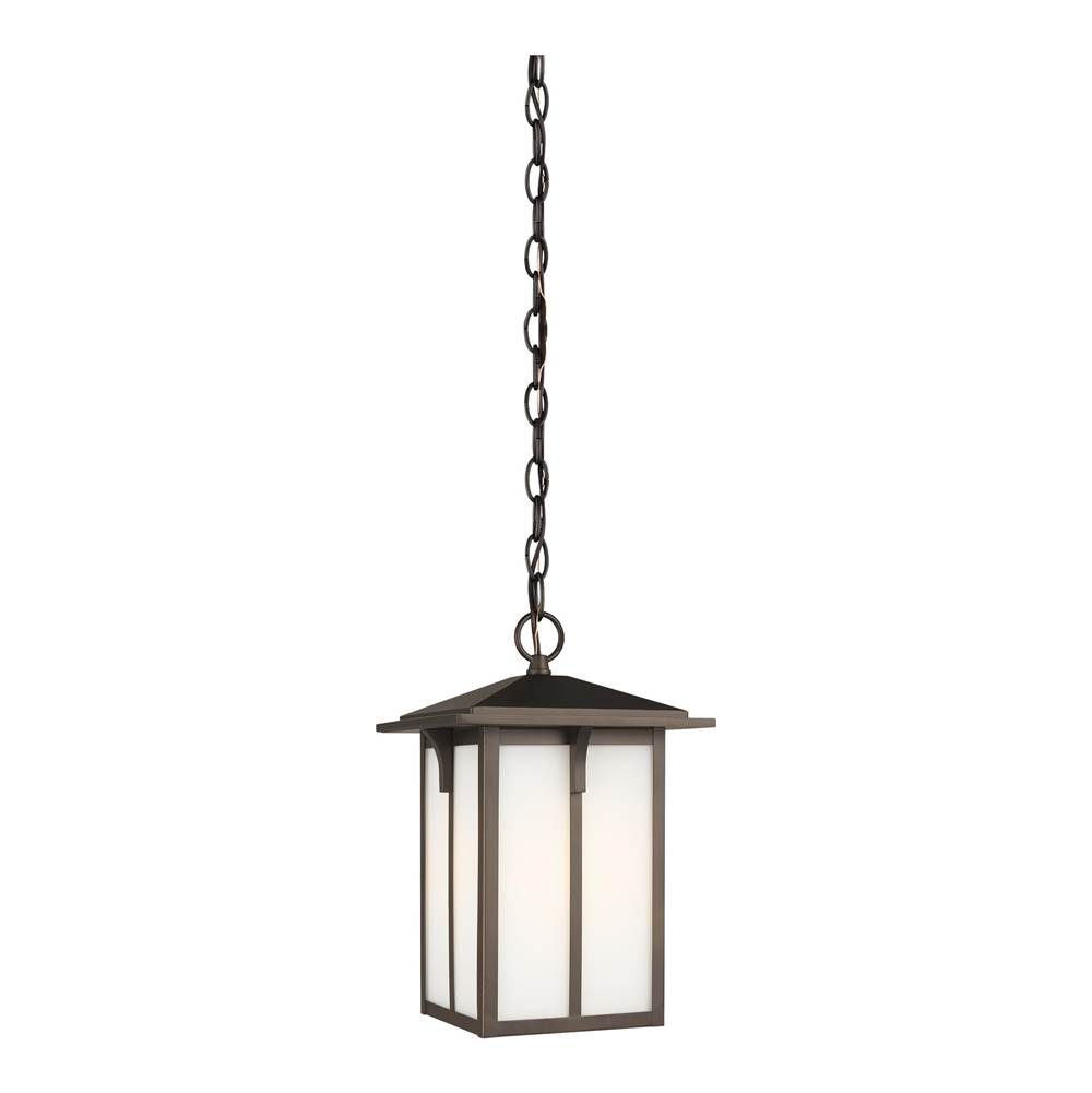 Generation Lighting Tomek Modern 1-Light Outdoor Exterior Ceiling Hanging Pendant In Antique Bronze Finish With Etched White Glass Panels