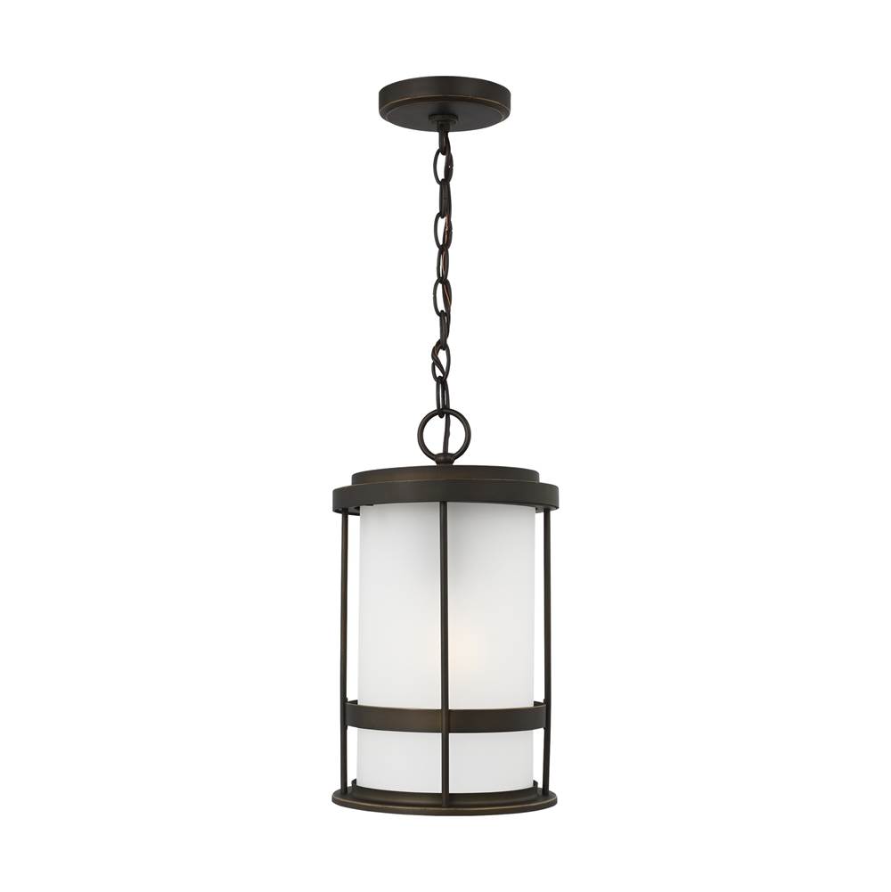 Generation Lighting Wilburn Modern 1-Light Outdoor Exterior Ceiling Hanging Pendant Lantern In Antique Bronze Finish With Satin Etched Glass Shade