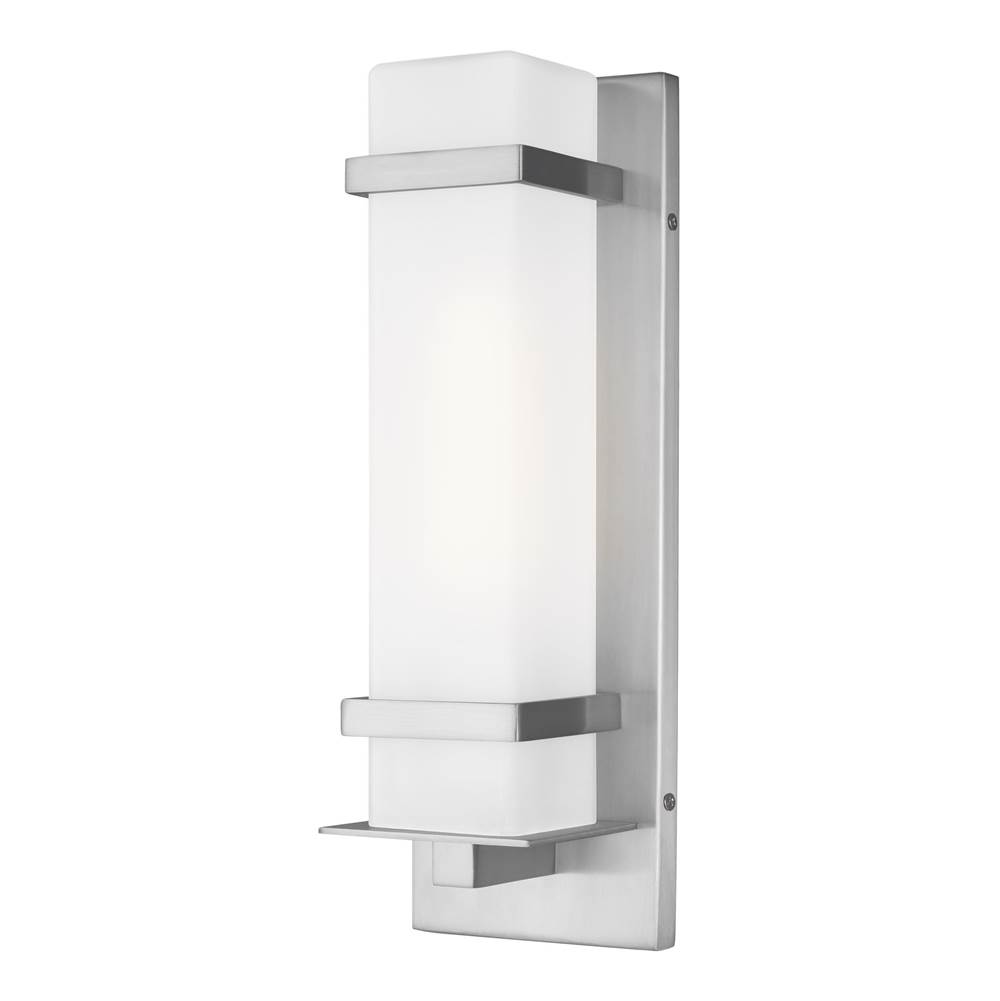 Generation Lighting Alban Modern 1-Light Outdoor Exterior Small Square Wall Lantern In Satin Aluminum Silver With Etched Opal Glass Shade