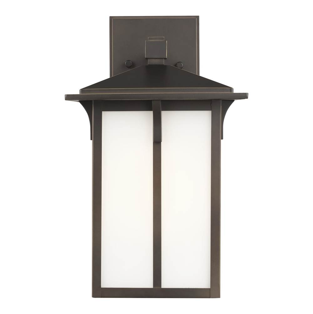 Generation Lighting Tomek Modern 1-Light Outdoor Exterior Medium Wall Lantern Sconce In Antique Bronze Finish With Etched White Glass Panels