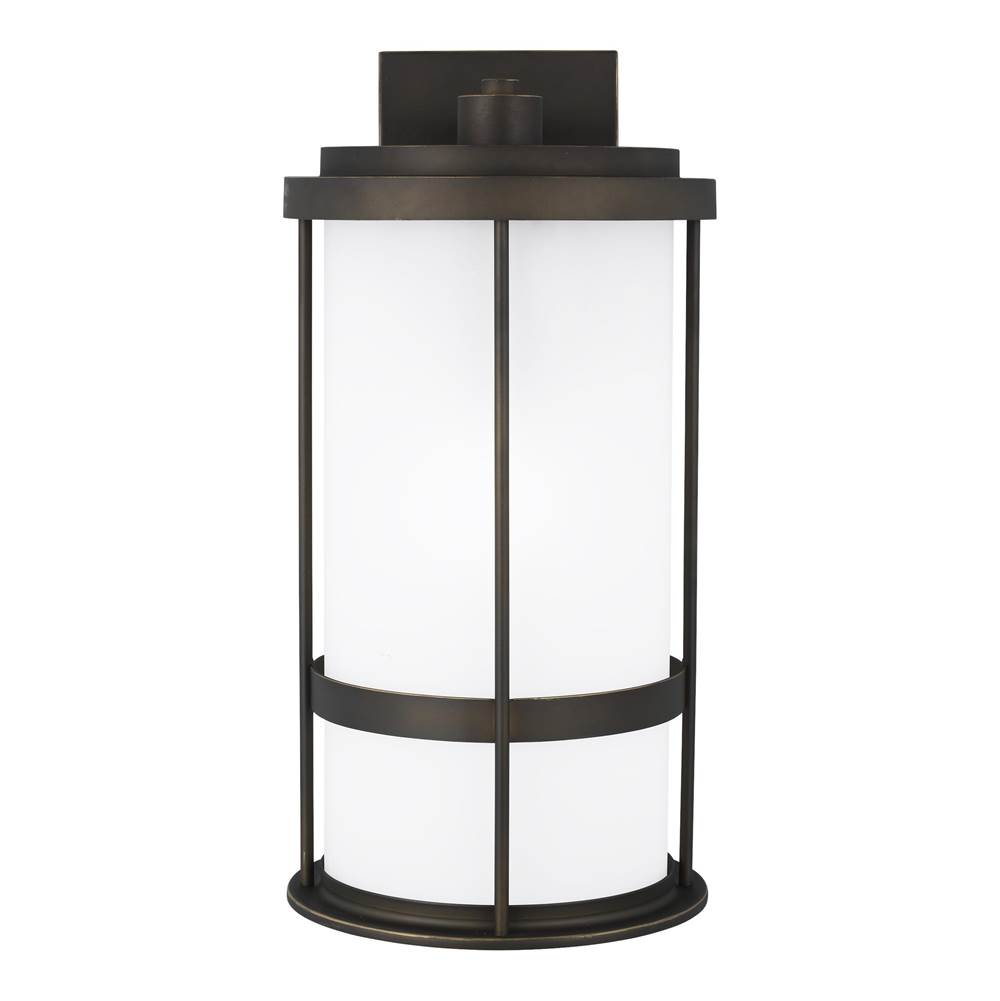 Generation Lighting Wilburn Modern 1-Light Led Outdoor Exterior Dark Sky Compliant Large Wall Lantern Sconce In Antique Bronze Finish With Satin Etched Glass Shade