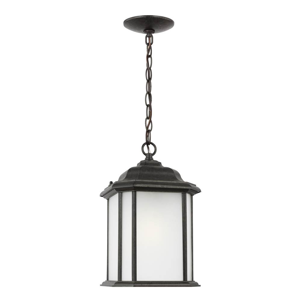 Generation Lighting Kent Traditional 1-Light Outdoor Exterior Ceiling Hanging Pendant In Oxford Bronze Finish With Satin Etched Glass Panels