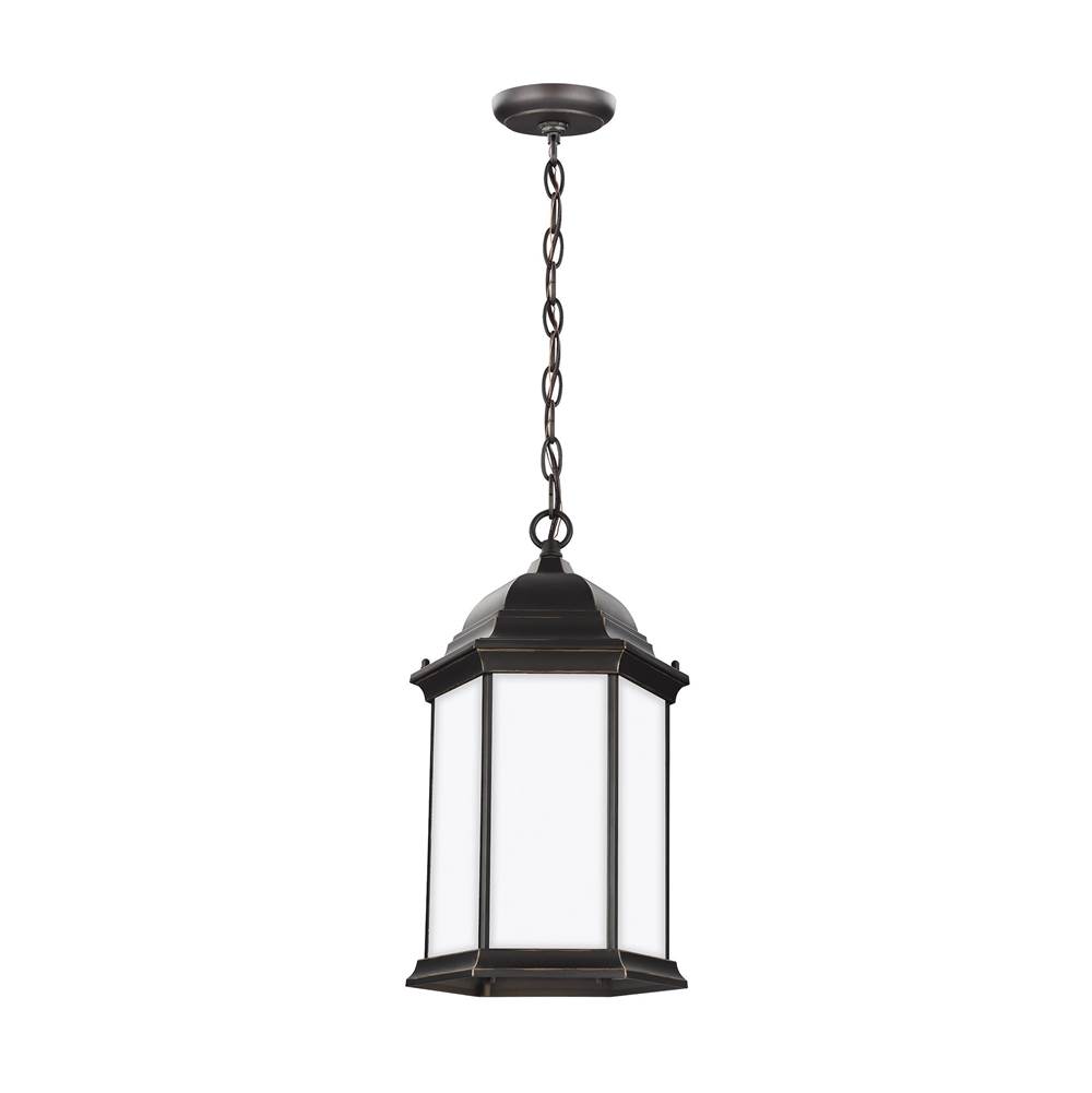 Generation Lighting Sevier Traditional 1-Light Outdoor Exterior Ceiling Hanging Pendant In Antique Bronze Finish With Satin Etched Glass Panels
