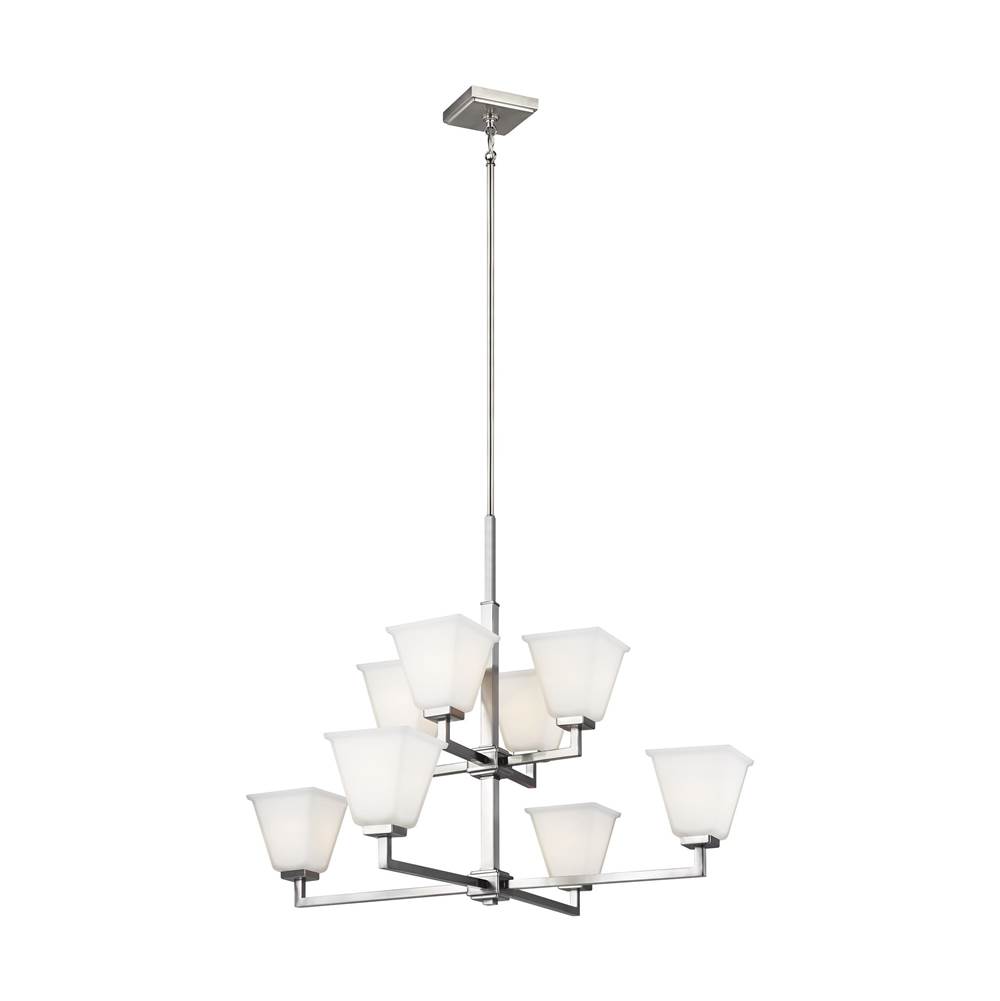 Generation Lighting Ellis Harper Transitional 8-Light Indoor Dimmable Ceiling Chandelier Pendant Light In Brushed Nickel Silver Finish W/Etched White Inside Glass Shades