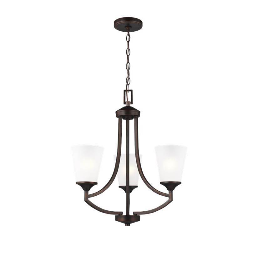 Generation Lighting Hanford Traditional 3-Light Indoor Dimmable Ceiling Chandelier Pendant Light In Bronze Finish With Satin Etched Glass Shades