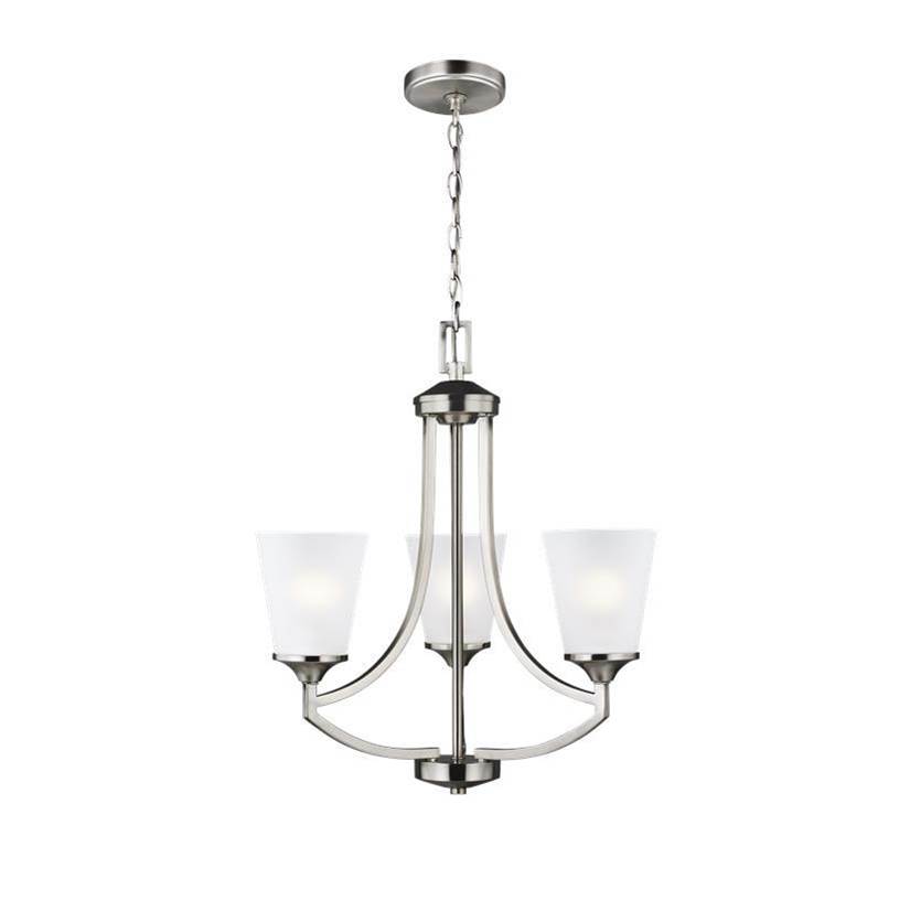 Generation Lighting Hanford Traditional 3-Light Indoor Dimmable Ceiling Chandelier Pendant Light In Brushed Nickel Silver Finish With Satin Etched Glass Shades