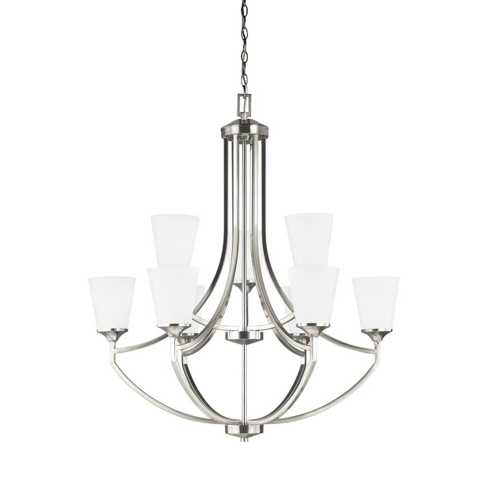 Generation Lighting Hanford Traditional 9-Light Led Indoor Dimmable Ceiling Chandelier Pendant Light In Brushed Nickel Silver Finish With Satin Etched Glass Shades