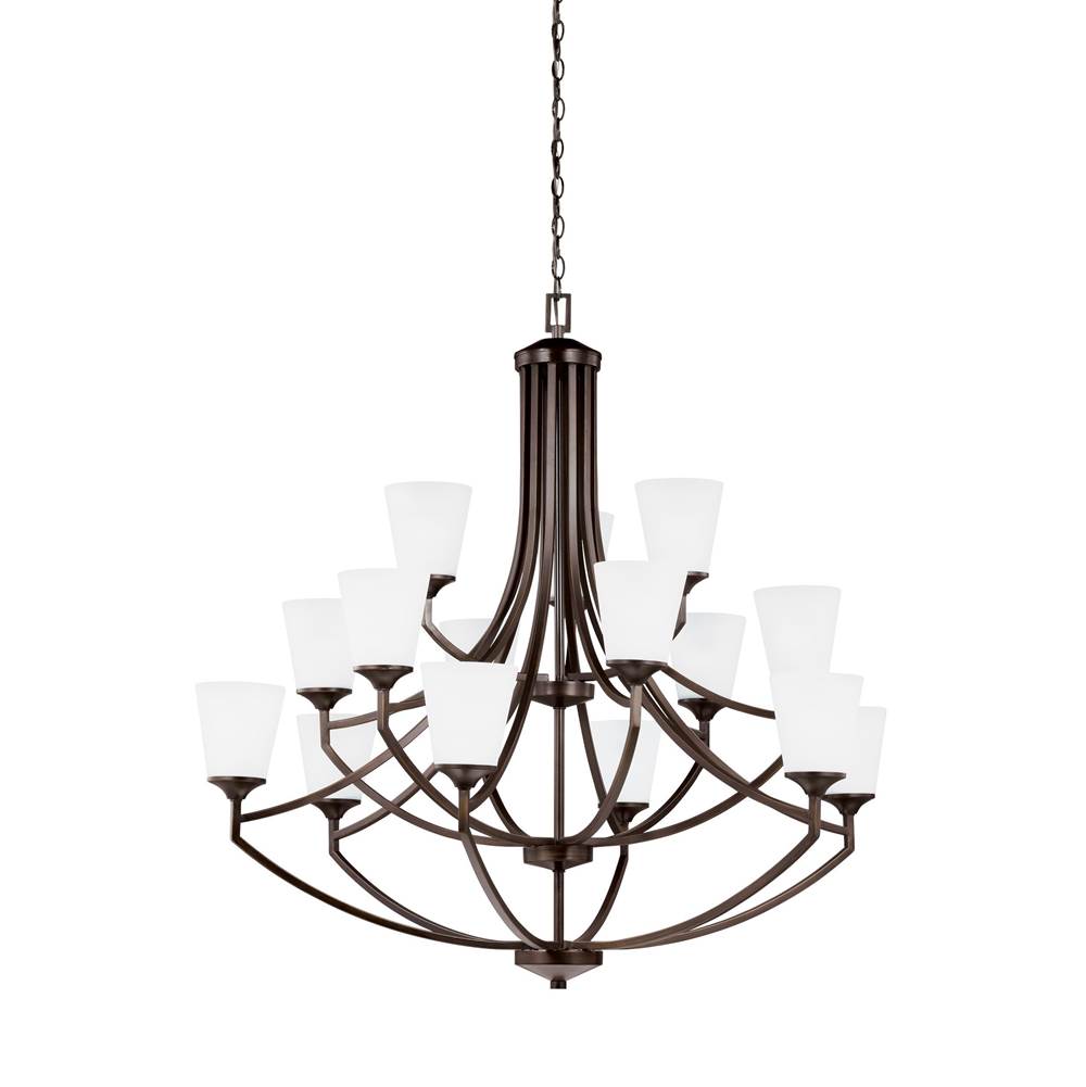 Generation Lighting Hanford Traditional 15-Light Led Indoor Dimmable Ceiling Chandelier Pendant Light In Bronze Finish With Satin Etched Glass Shades