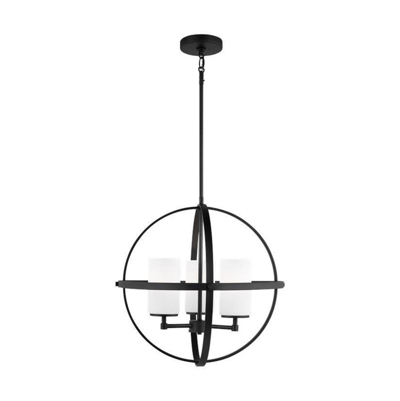 Generation Lighting Alturas Indoor Dimmable Led 3-Light Single Tier Chandelier In Midnight Black W/Spherical Steel Frame And Cylindrical Satin Etched White Glass Shades