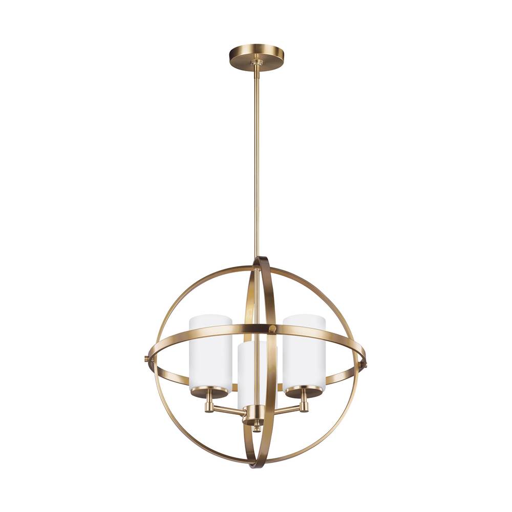 Generation Lighting Alturas Contemporary 3-Light Led Indoor Dimmable Ceiling Chandelier Pendant Light In Satin Brass Gold Finish W/Etched White Inside Glass Shades