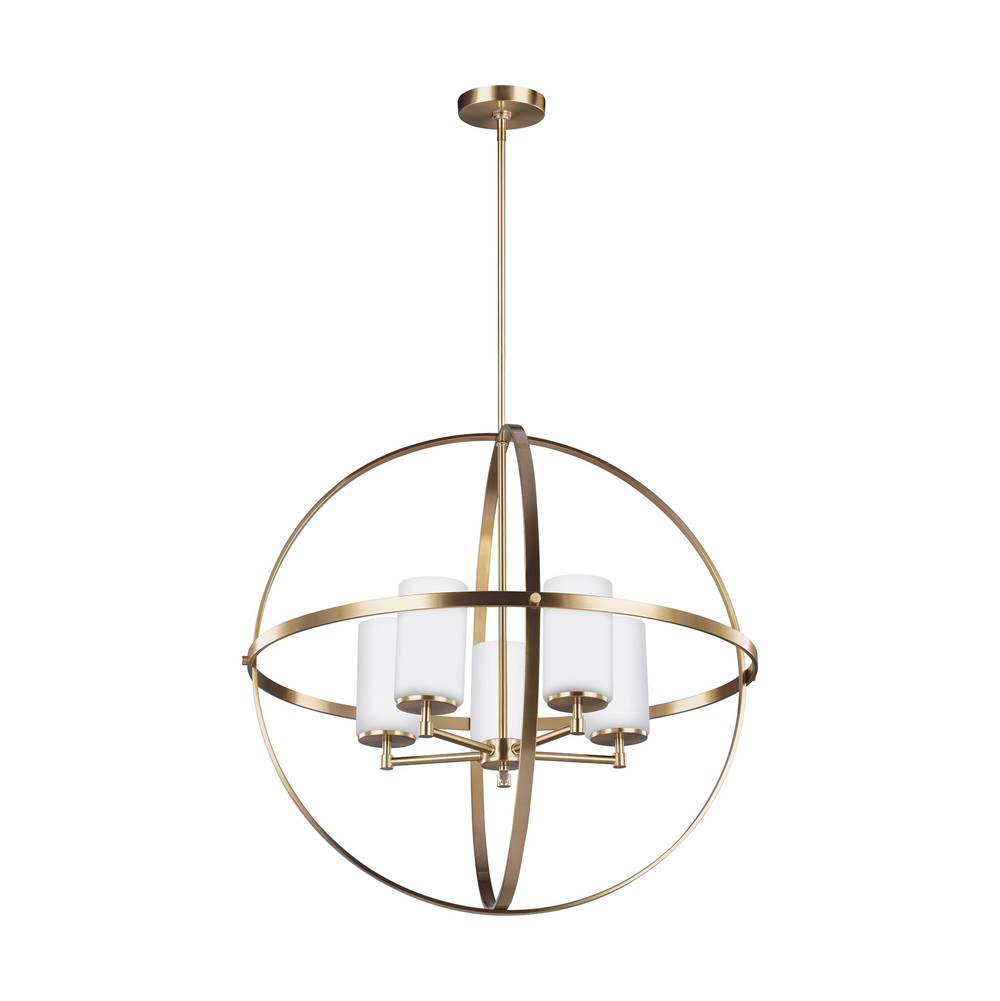 Generation Lighting Alturas Contemporary 5-Light Indoor Dimmable Ceiling Chandelier Pendant Light In Satin Brass Gold Finish With Etched White Inside Glass Shades