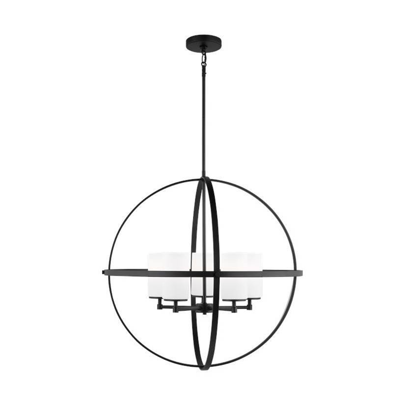 Generation Lighting Alturas Indoor Dimmable Led 5-Light Single Tier Chandelier In Midnight Black W/Spherical Steel Frame And Cylindrical Satin Etched White Glass Shades