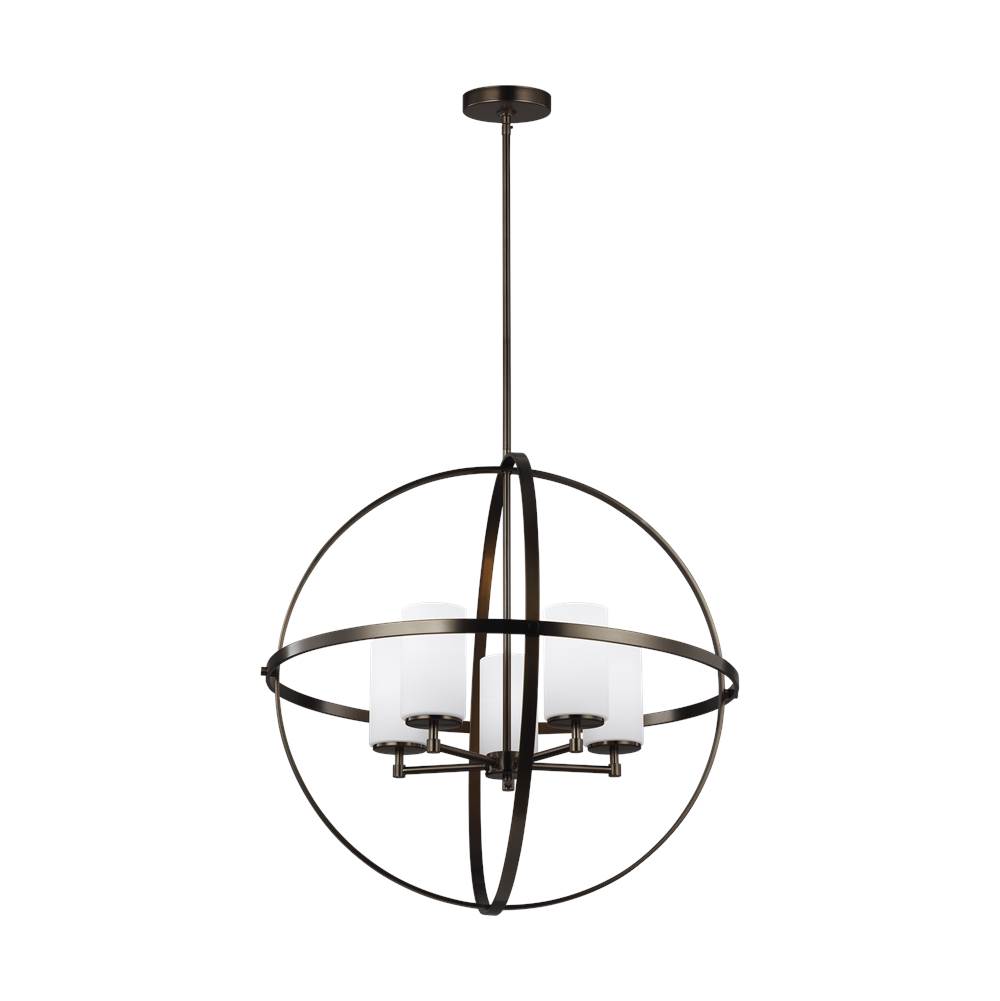 Generation Lighting Alturas Contemporary 5-Light Led Indoor Dimmable Ceiling Chandelier Pendant Light In Brushed Oil Rubbed Bronze W/Etched White Inside Glass Shades