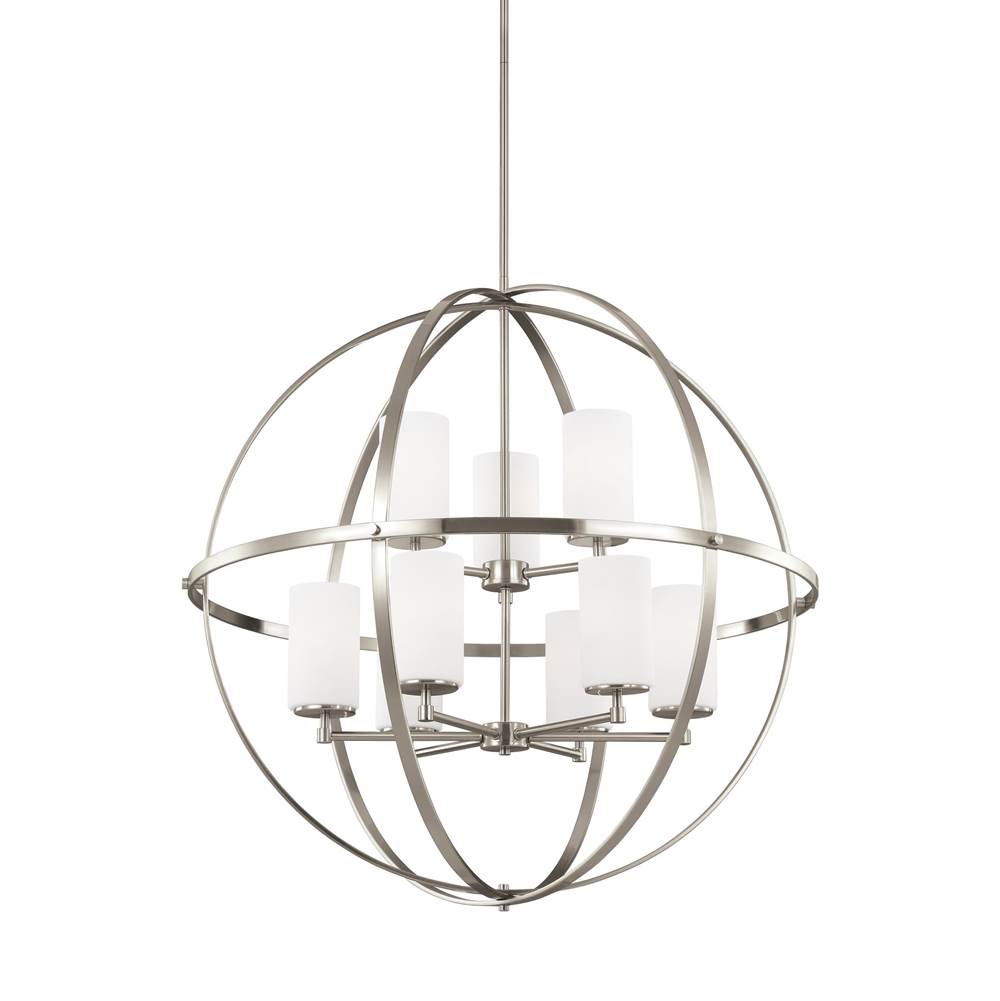 Generation Lighting Alturas Contemporary 9-Light Indoor Dimmable Ceiling Chandelier Pendant Light In Brushed Nickel Silver Finish W/Etched White Inside Glass Shades