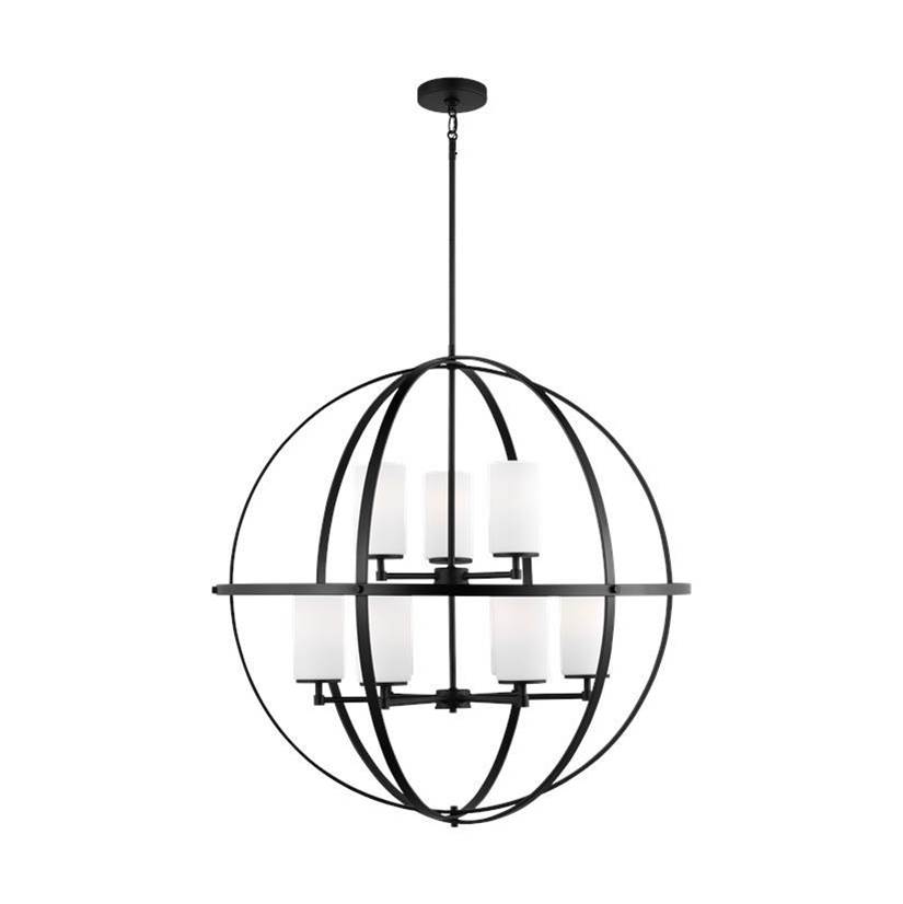 Generation Lighting Alturas Indoor Dimmable Led 9-Light Single Tier Chandelier In Midnight Black W/Spherical Steel Frame And Cylindrical Satin Etched White Glass Shades