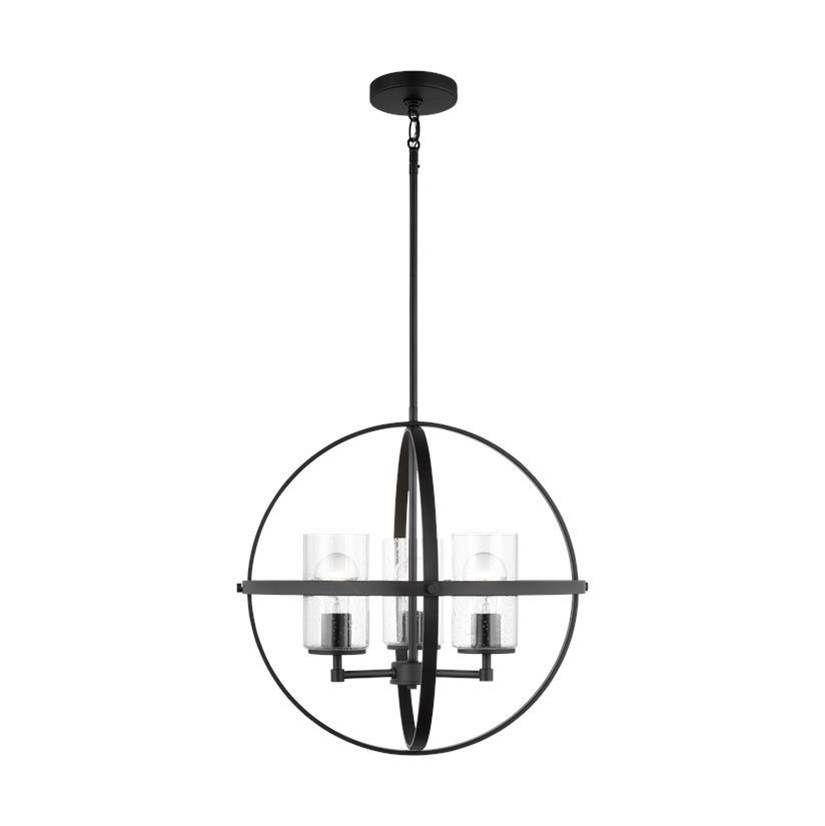 Generation Lighting Alturas Indoor Dimmable 3-Light Single Tier Chandelier In Midnight Black Finish W/Spherical Steel Frame And Cylindrical Clear Seeded Glass Shades
