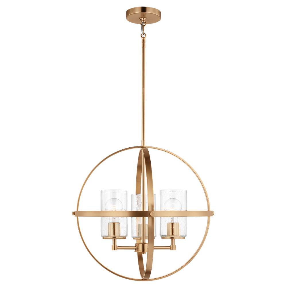 Generation Lighting Alturas Indoor Dimmable 3-Light Single Tier Chandelier In Satin Brass With Spherical Steel Frame And Cylindrical Clear Seeded Glass Shades