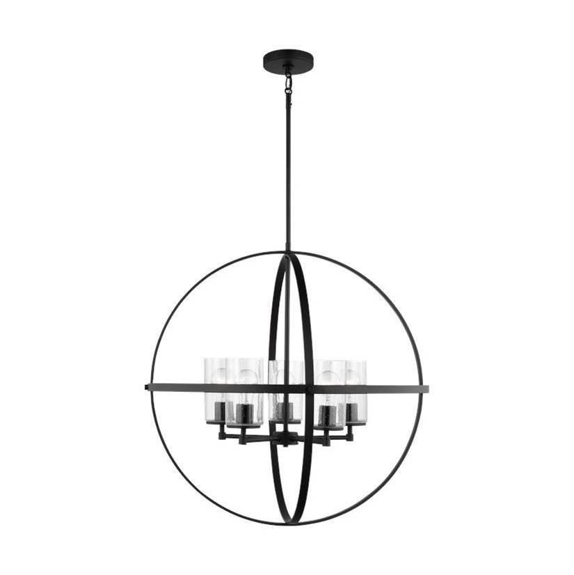 Generation Lighting Alturas Indoor Dimmable 5-Light Single Tier Chandelier In Midnight Black Finish W/Spherical Steel Frame And Cylindrical Clear Seeded Glass Shades