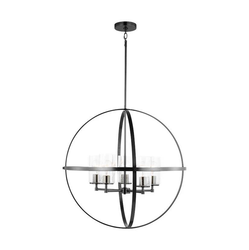 Generation Lighting Alturas Indoor Dimmable 5-Light Single Tier Chandelier In Pewter Bronze Finish W/Spherical Steel Frame And Cylindrical Clear Seeded Glass Shades