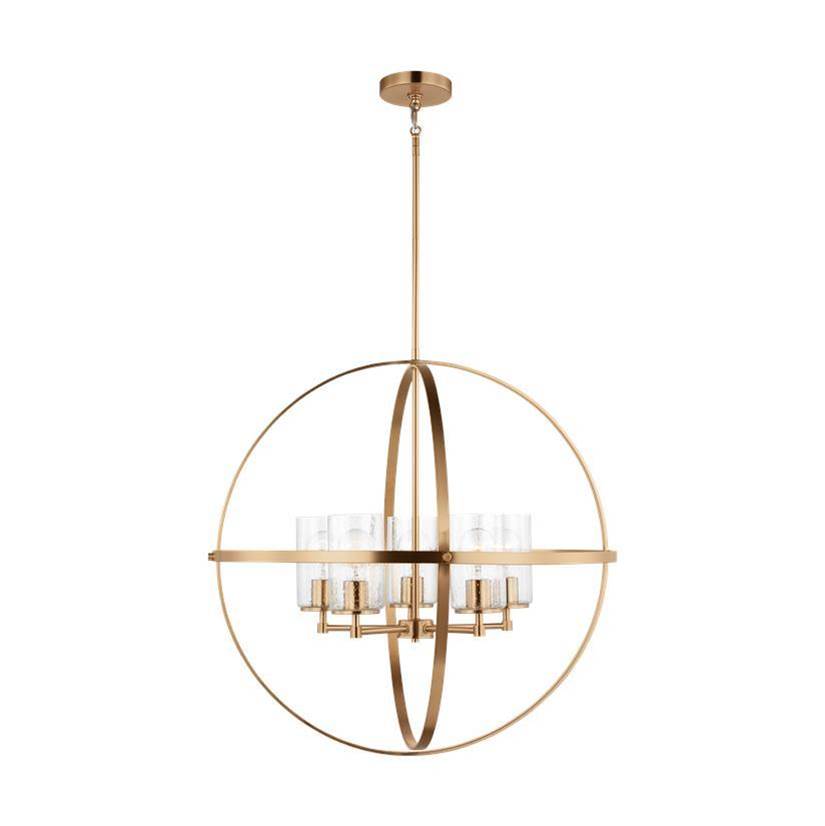 Generation Lighting Alturas Indoor Dimmable 5-Light Single Tier Chandelier In Satin Brass Finish With Spherical Steel Frame And Cylindrical Clear Seeded Glass Shades