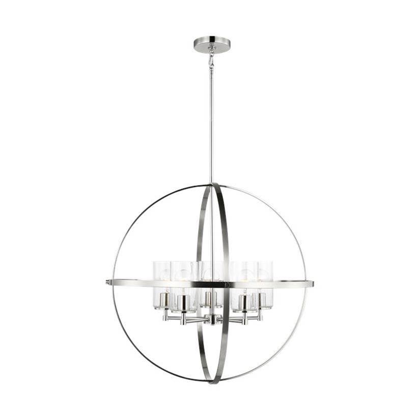 Generation Lighting Alturas Indoor Dimmable 5-Light Single Tier Chandelier In Brushed Nickel Finish W/Spherical Steel Frame And Cylindrical Clear Seeded Glass Shades