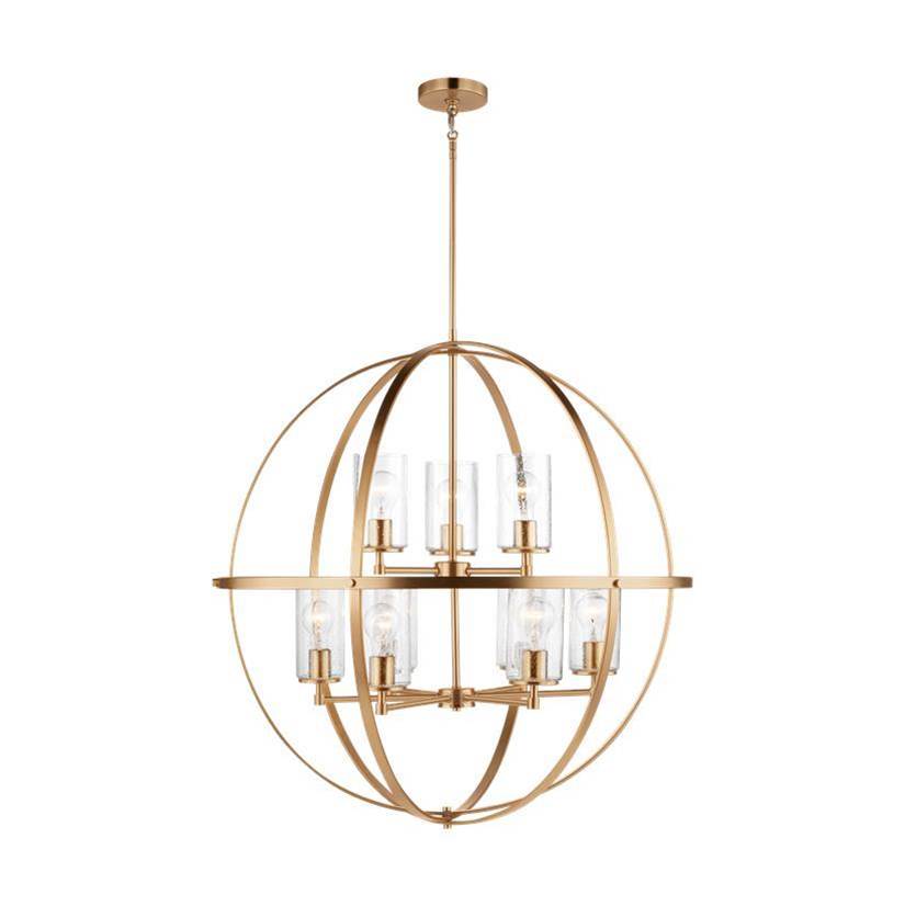Generation Lighting Alturas Indoor Dimmable 9-Light Multi-Tier Chandelier In Satin Brass Finish With Spherical Steel Frame And Cylindrical Clear Seeded Glass Shades
