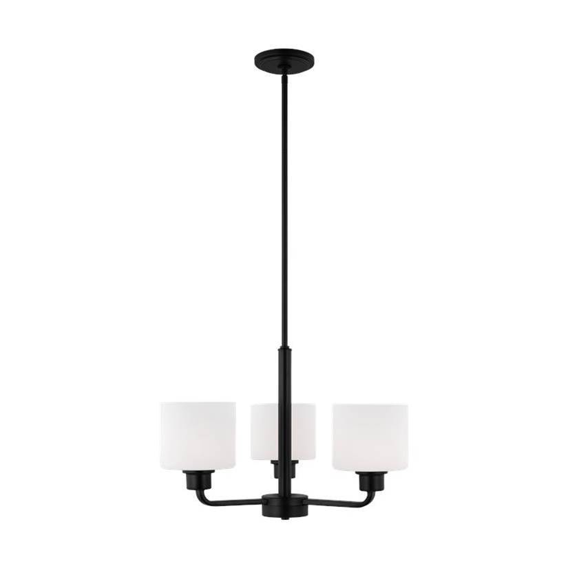 Generation Lighting Canfield Indoor Dimmable 3-Light Chandelier In Midnight Black Finish And Etched White Glass Shade